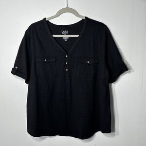 Croft & Barrow Top Women’s SZ PXXL Black Roll-Tab V Neck Utility Henley Blouse